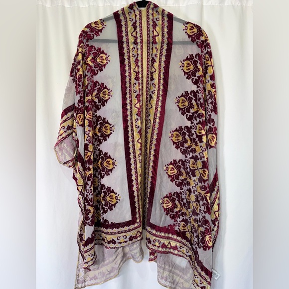Free people velvet white red and yellow Floral Sheer duster open cardigan Kimono - Picture 5 of 6